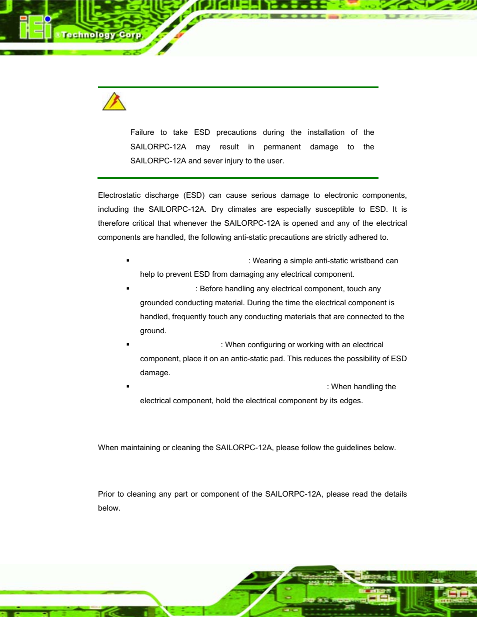 A.1.2 anti-static precautions, A.2 maintenance and cleaning precautions, A.2.1 maintenance and cleaning | Aintenance and, Leaning, Recautions | IEI Integration S12A v1.12 User Manual | Page 94 / 110