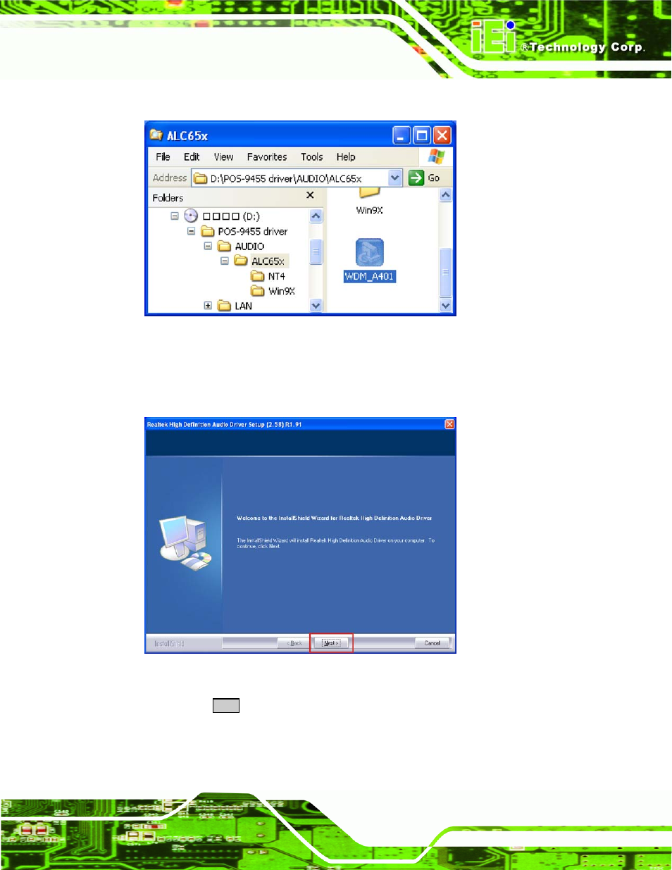 Figure 6-21: select the audio codec, Figure 6-22: audio driver installation | IEI Integration PPC-5xxx-9455 v1.00 User Manual | Page 153 / 198