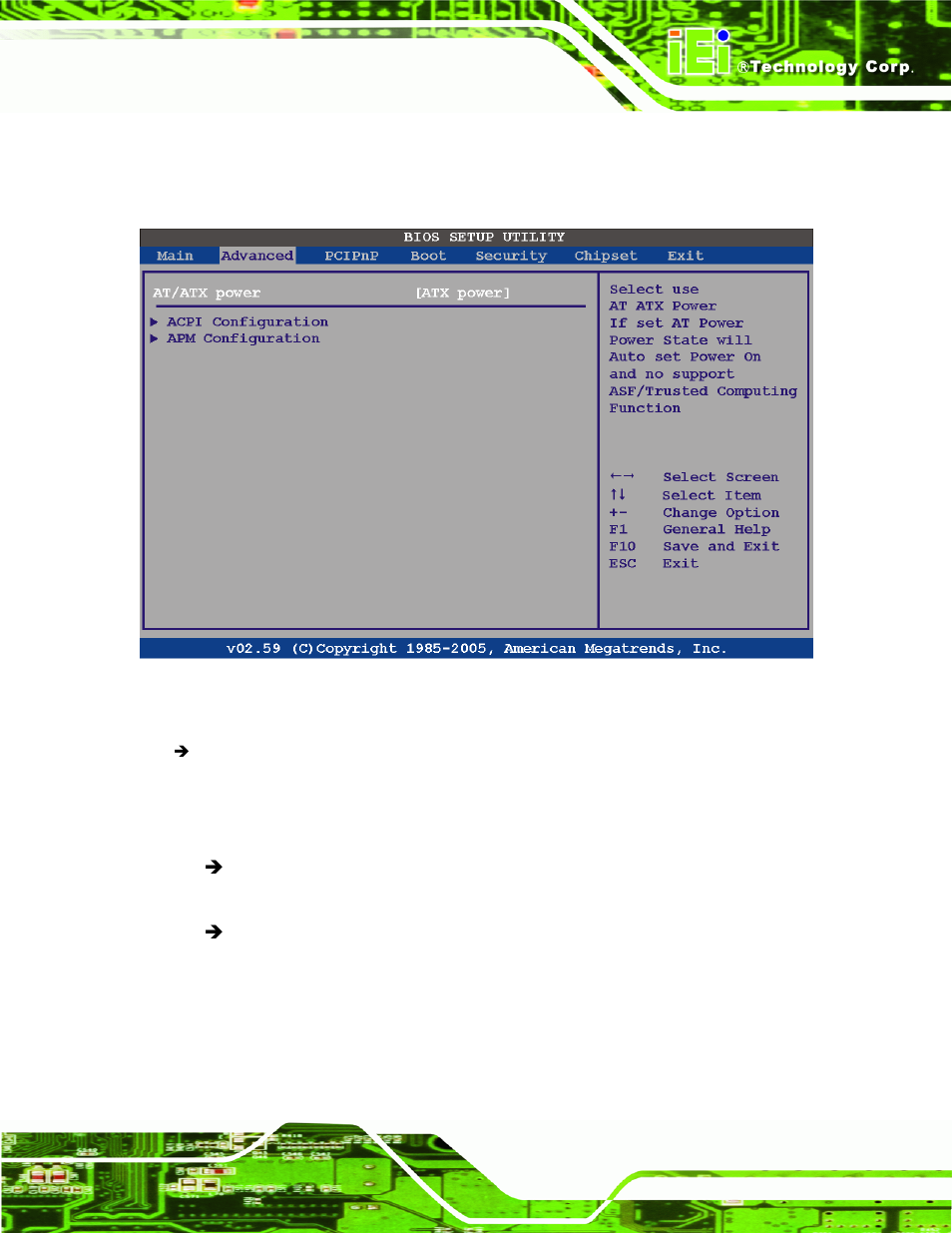 6 power configuration, Bios menu 9: acpi configuration | IEI Integration PPC-5xxx-9455 v1.10 User Manual | Page 113 / 198