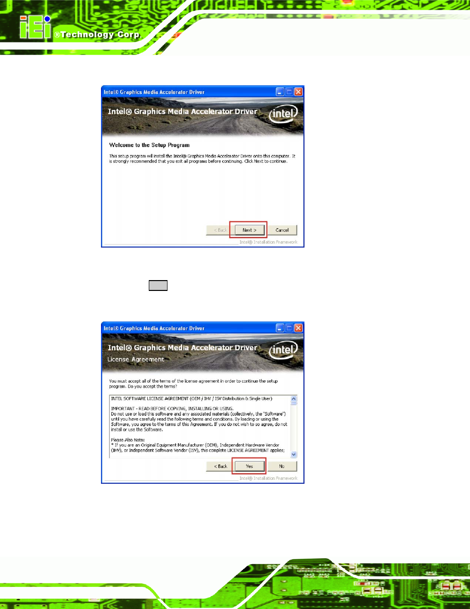 Figure 6-9: graphics driver installation, Figure 6-10: graphics driver license agreement | IEI Integration PPC-5xxx-9455 v1.10 User Manual | Page 148 / 198