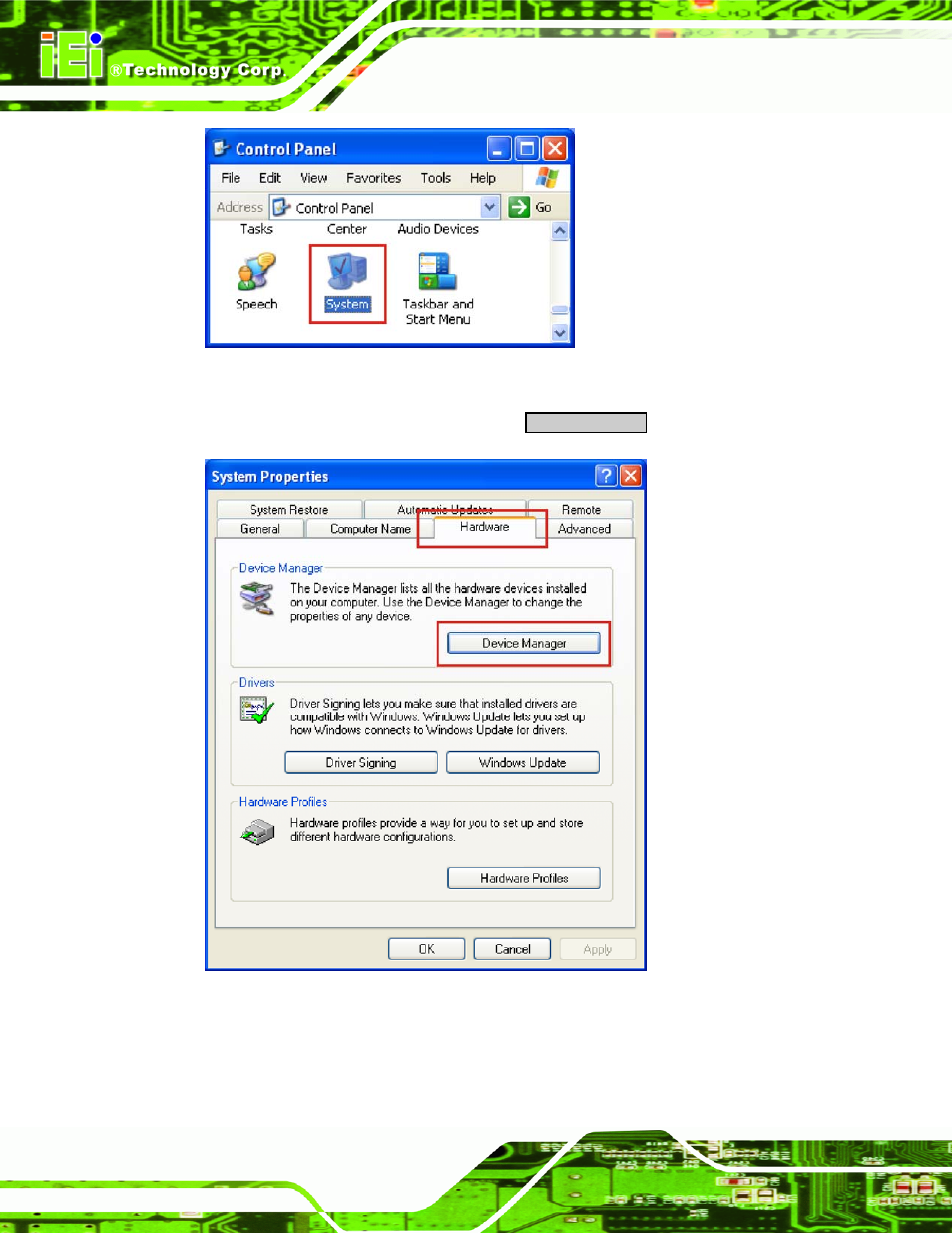 Figure 6-15: system icon, Figure 6-16: device manager tab | IEI Integration PPC-5xxx-9455 v1.10 User Manual | Page 152 / 198