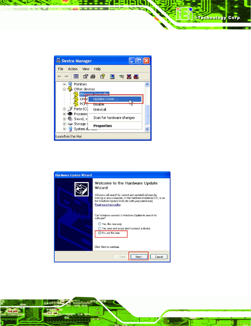 Figure 6-17: device manager list, Figure 6-18: search windows update prompt | IEI Integration PPC-5xxx-9455 v1.10 User Manual | Page 153 / 198