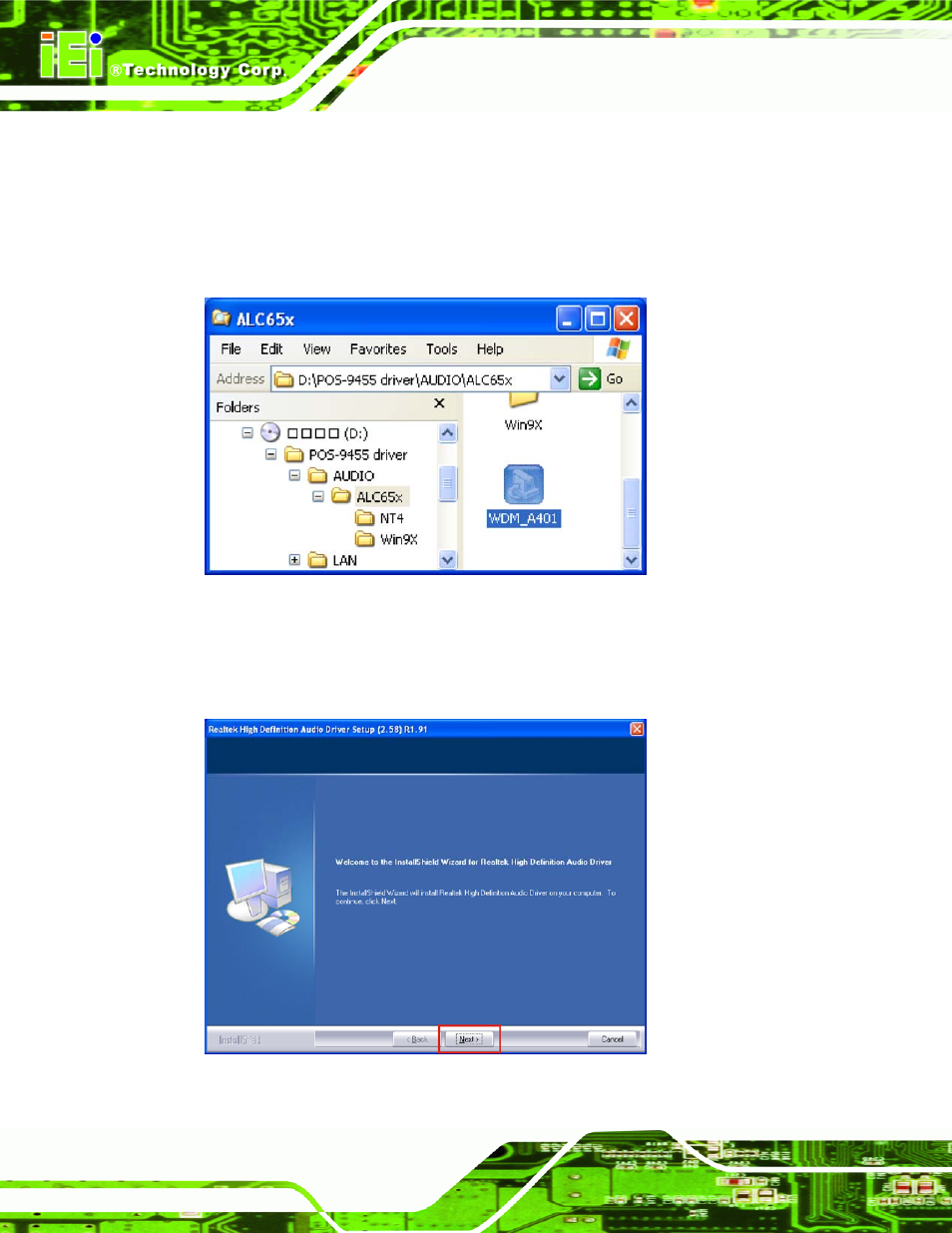 2 driver installation, Figure 6-21: select the audio codec, Figure 6-22: audio driver installation | IEI Integration PPC-5xxx-9455 v1.10 User Manual | Page 156 / 198