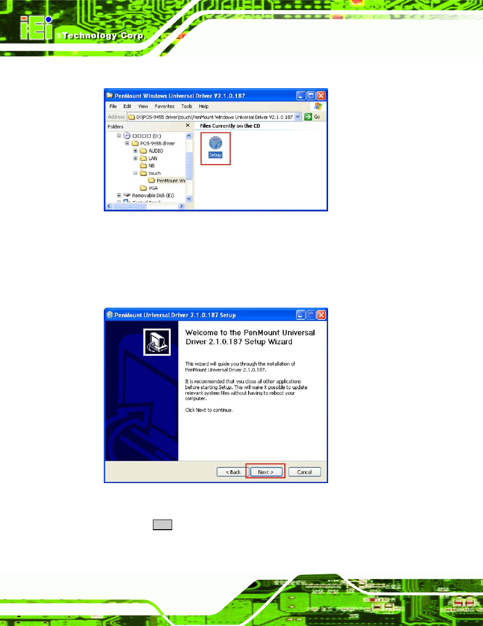 Figure 6-24: s-video patch folder, Figure 6-25: touch panel driver welcome screen | IEI Integration PPC-5xxx-9455 v1.10 User Manual | Page 158 / 198