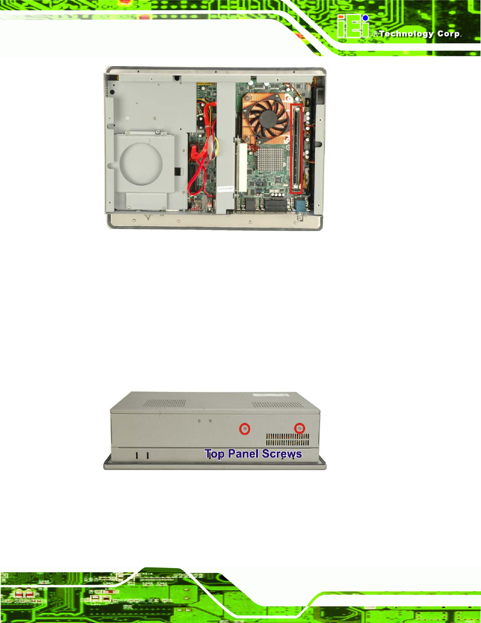 5 elevated platform removal, Levated, Latform | Emoval, Figure 7-1: dimm socket clip locations, Figure 7-2: top panel elevated platform screws | IEI Integration PPC-5xxx-9455 v1.10 User Manual | Page 165 / 198