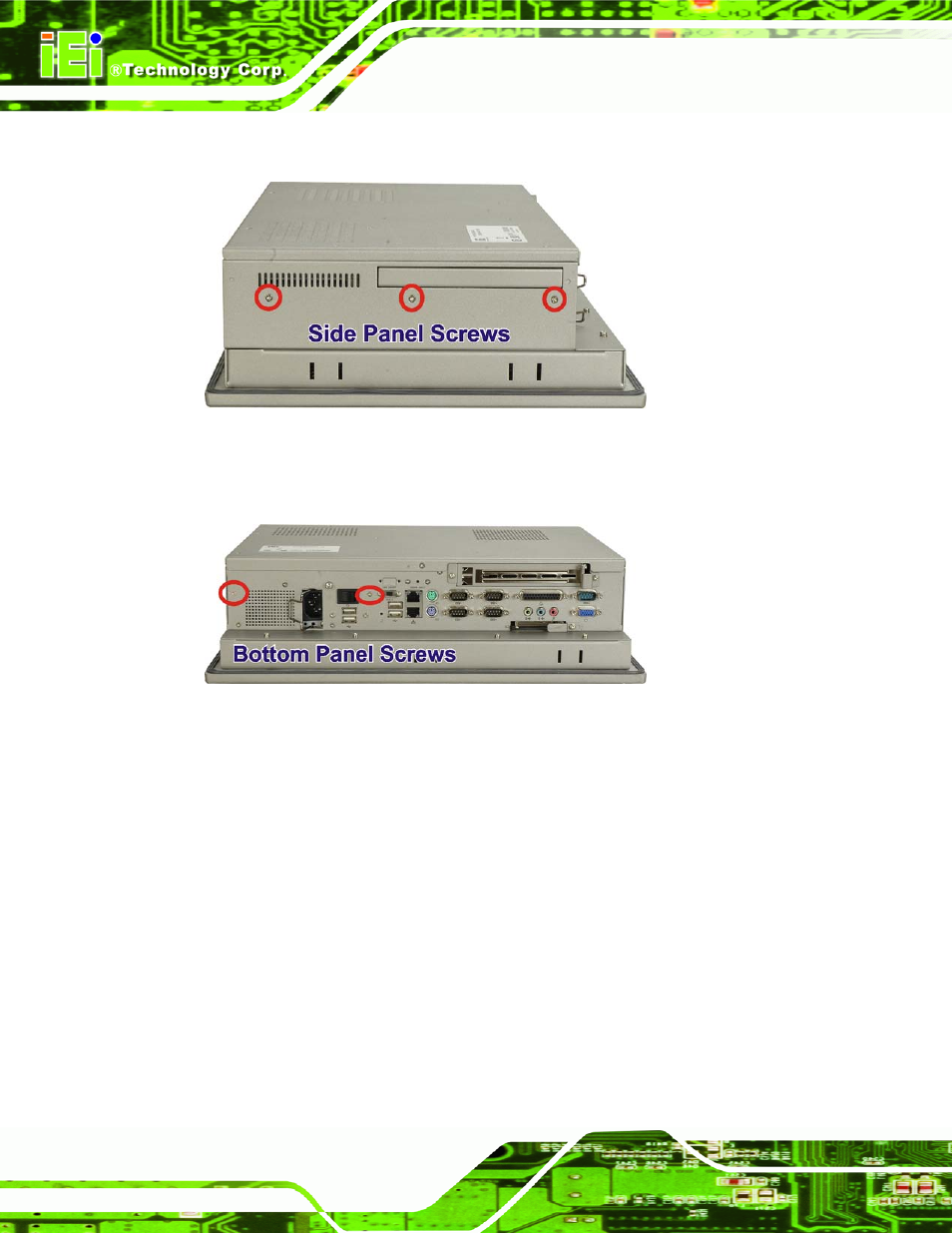Figure 7-3: side panel elevated platform screws, Figure 7-4: bottom panel elevated platform screws | IEI Integration PPC-5xxx-9455 v1.10 User Manual | Page 166 / 198