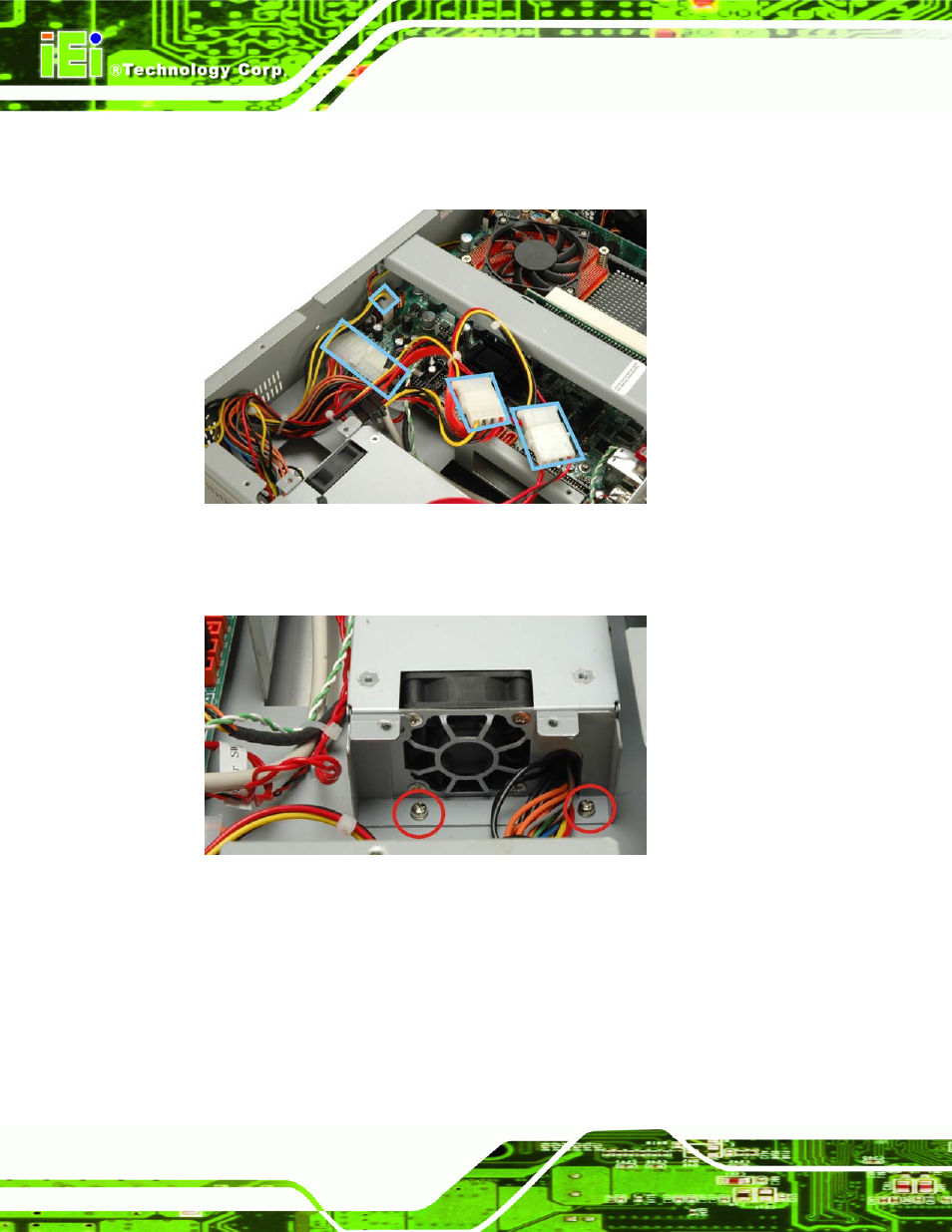 Figure 7-6: psu power cables, Figure 7-7: psu bottom panel retention screws | IEI Integration PPC-5xxx-9455 v1.10 User Manual | Page 168 / 198