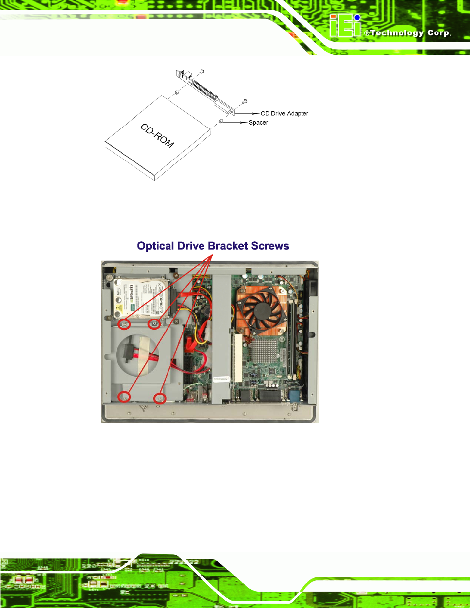 Figure 4-9: cd drive adapter installation, Figure 4-10: cd drive retention screws | IEI Integration PPC-5xxx-9455 v1.10 User Manual | Page 71 / 198