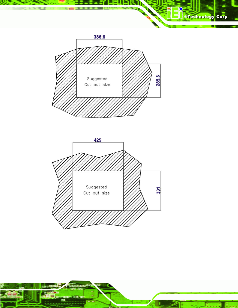 Figure 4-18: 15” panel cutout dimensions, Figure 4-19: 17” panel cutout dimensions | IEI Integration PPC-5xxx-9455 v1.10 User Manual | Page 79 / 198