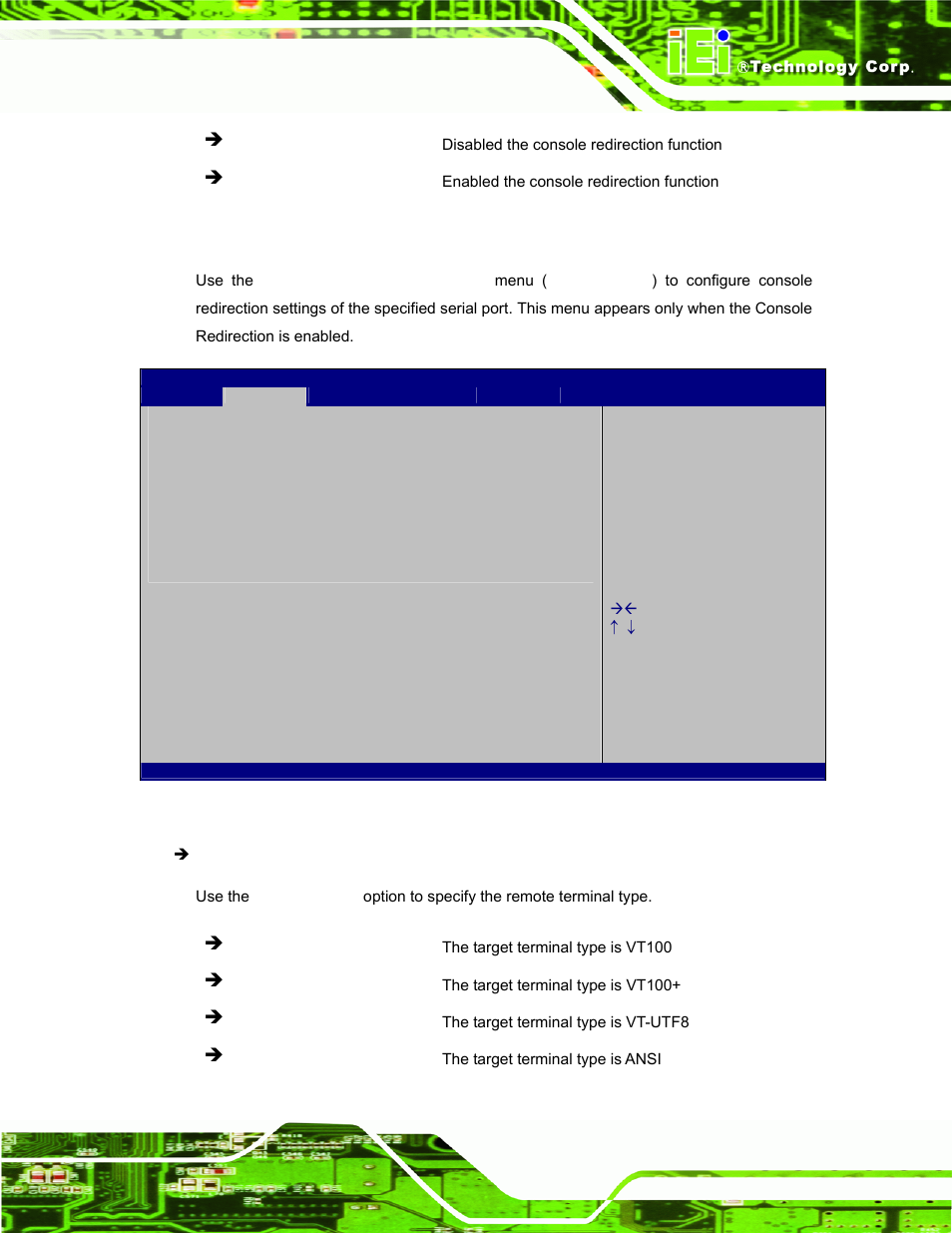 1 console redirection settings | IEI Integration PPC-51xxA-H61 User Manual | Page 106 / 193