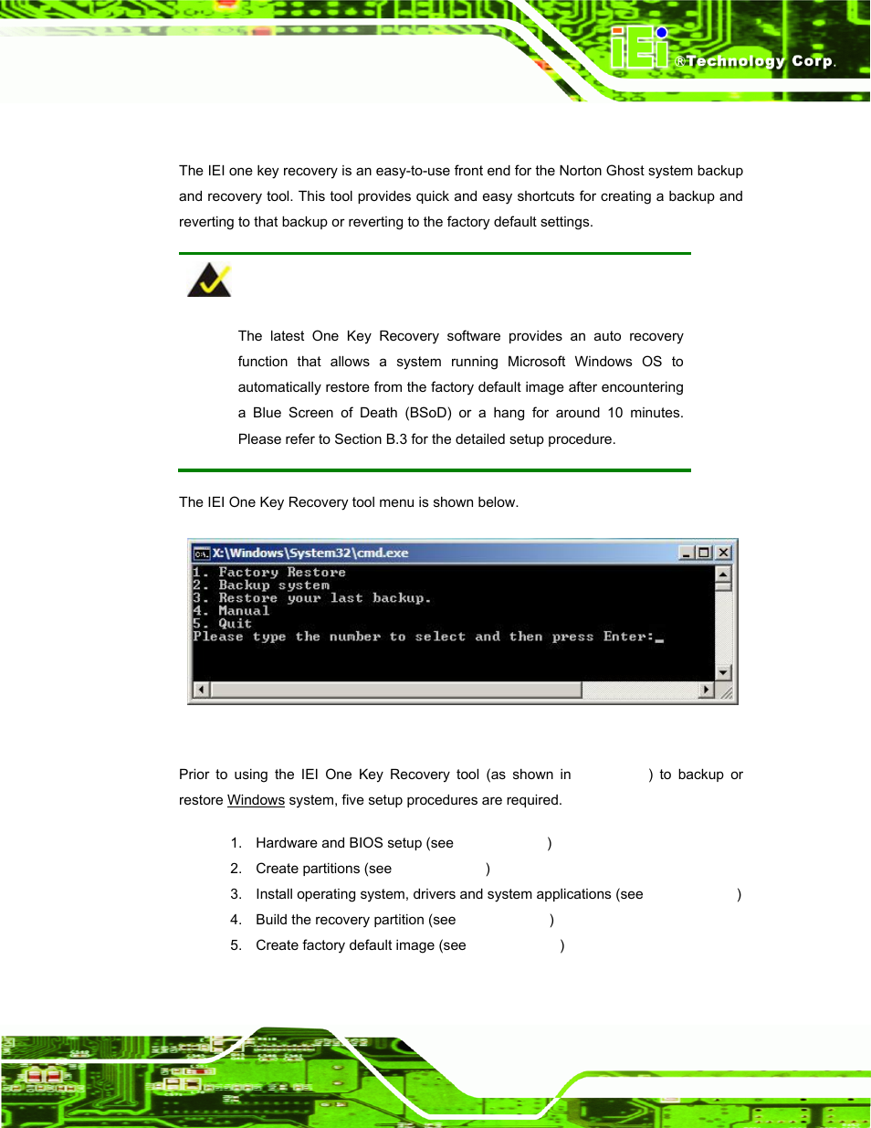 B.1 one key recovery introduction, Ecovery, Ntroduction | Figure b-1: iei one key recovery tool menu | IEI Integration PPC-51xxA-H61 User Manual | Page 142 / 193
