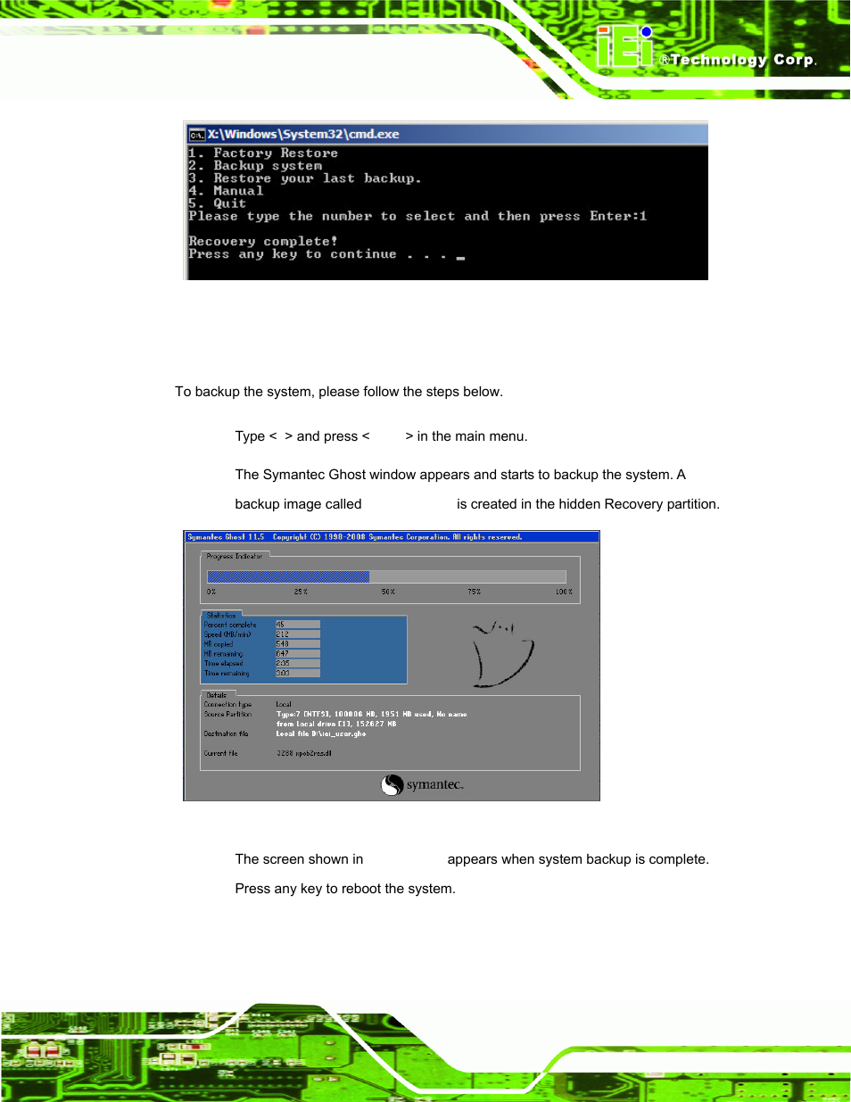 B.5.2 backup system, Figure b-35: recovery complete window, Figure b-36: backup system | IEI Integration PPC-51xxA-H61 User Manual | Page 168 / 193