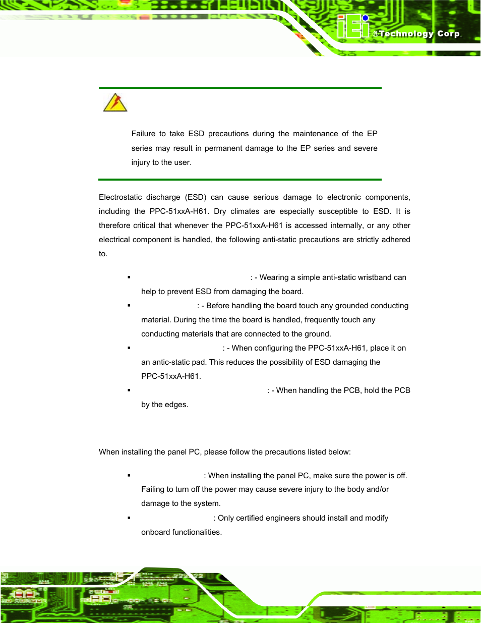 1 anti-static precautions, 2 installation precautions, Static | Recautions, Nstallation | IEI Integration PPC-51xxA-H61 User Manual | Page 38 / 193