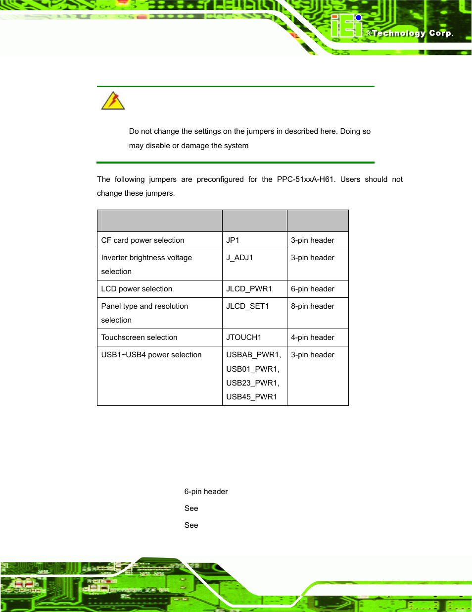 2 preconfigured jumpers, 3 com1 to com5 pin 9 setting jumpers, Table 3-2: preconfigured jumpers | IEI Integration PPC-51xxA-H61 User Manual | Page 42 / 193