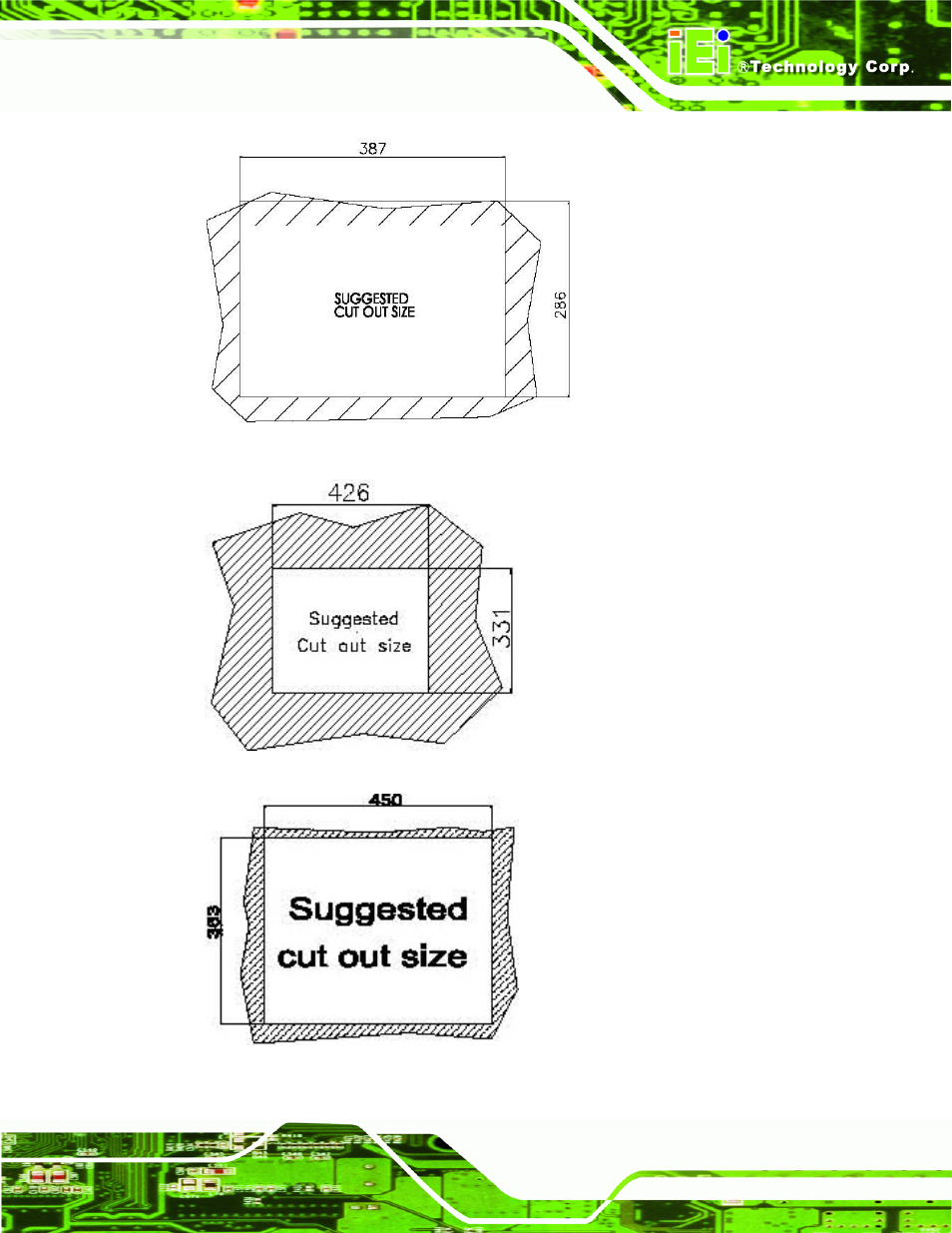 Figure 3-25: ppc-5150a-h61 panel cutout dimensions, Figure 3-26: ppc-5170a-h61 panel cutout dimensions, Figure 3-27: ppc-5190a-h61 panel cutout dimensions | IEI Integration PPC-51xxA-H61 User Manual | Page 62 / 193
