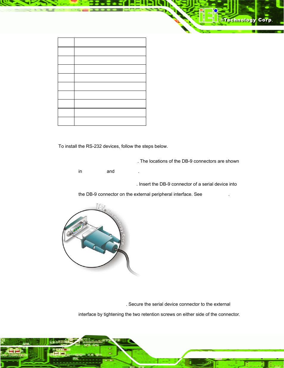 Figure 3-36: rs-232 serial device connector, Table 3-7: rs-232 serial port pinouts | IEI Integration PPC-51xxA-H61 User Manual | Page 70 / 193