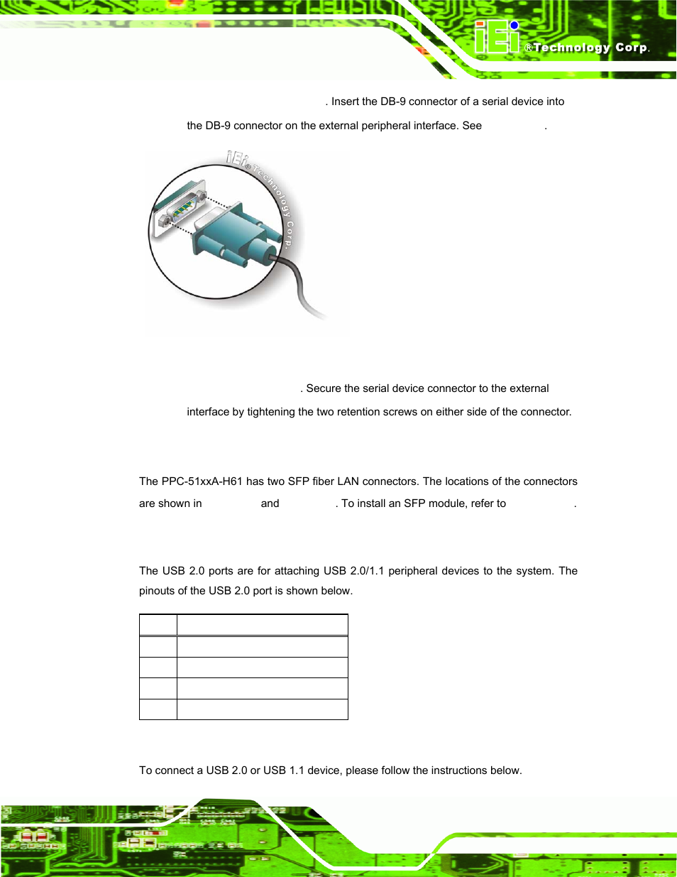 5 sfp fiber lan connectors, 6 usb 2.0 connectors, Table 3-9: usb 2.0 port pinouts | IEI Integration PPC-51xxA-H61 User Manual | Page 72 / 193