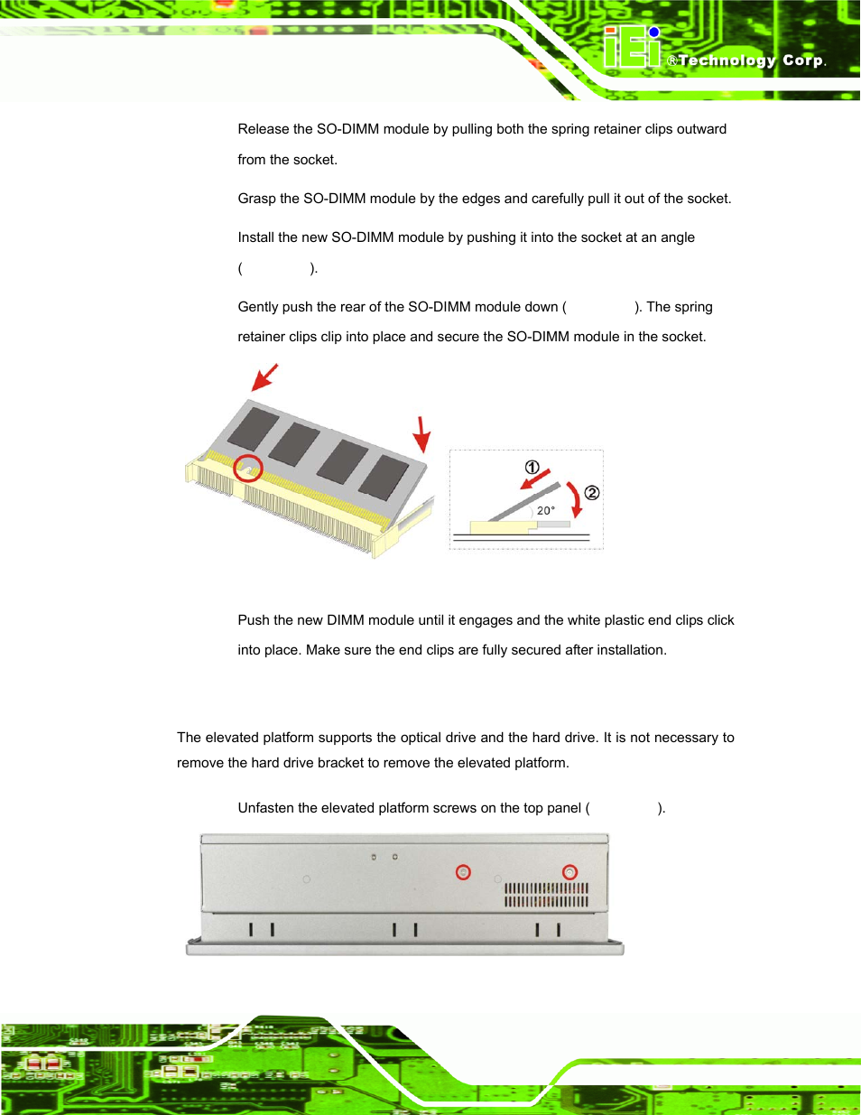 5 elevated platform removal, Levated, Latform | Emoval, Figure 4-2: so-dimm module installation | IEI Integration PPC-51xxA-H61 User Manual | Page 80 / 193