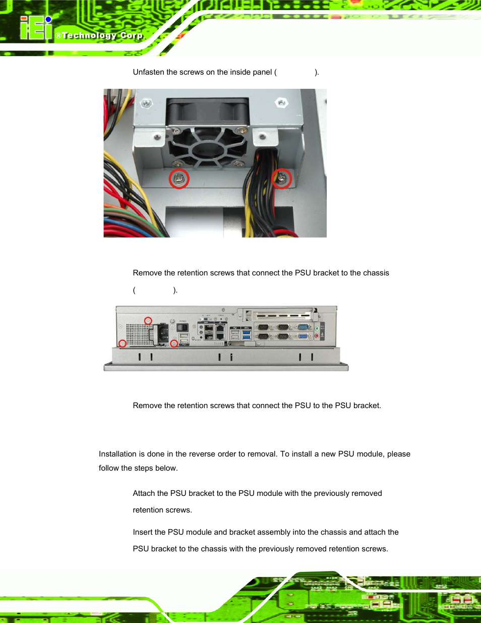 2 install the new psu, Figure 4-8: psu bottom panel retention screws, Figure 4-9: psu bottom panel screws | IEI Integration PPC-51xxA-H61 User Manual | Page 83 / 193