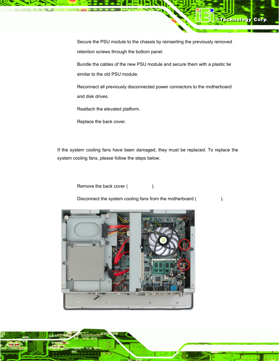 7 system cooling fan replacement, 1 remove the old system cooling fans, Ystem | Ooling, Eplacement | IEI Integration PPC-51xxA-H61 User Manual | Page 84 / 193