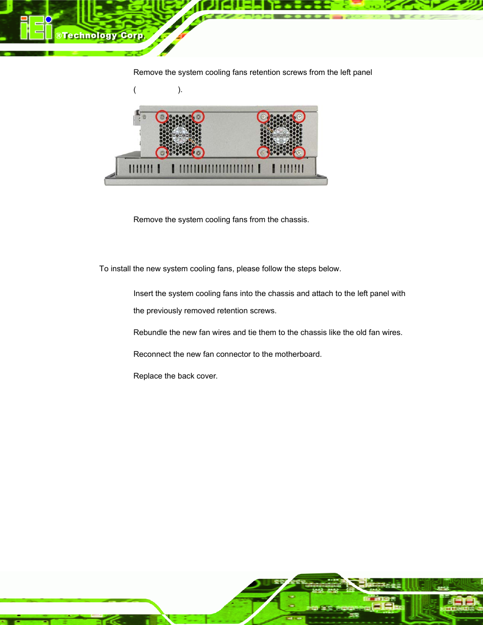 2 install the new system cooling fans | IEI Integration PPC-51xxA-H61 User Manual | Page 85 / 193