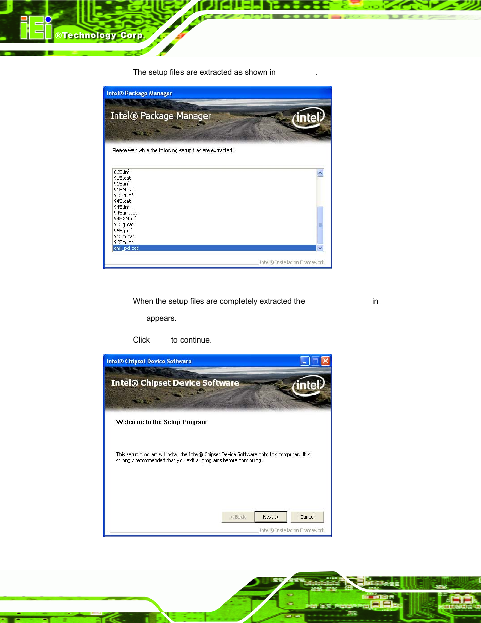 Figure 6-1: chipset driver screen, Figure 6-2: chipset driver welcome screen | IEI Integration PPC-5152-D525 v1.02 User Manual | Page 110 / 183