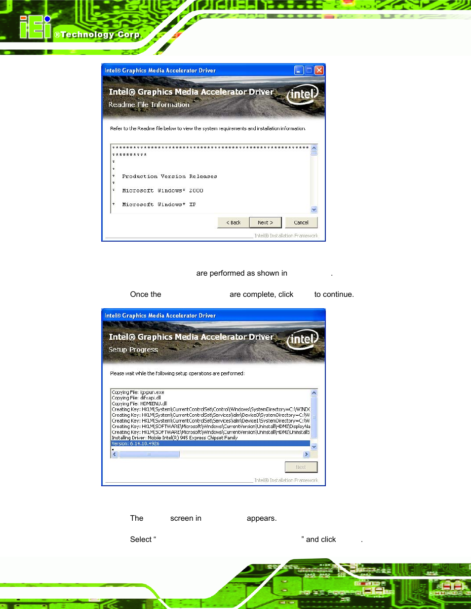 Figure 6-11: graphics driver read me file, Figure 6-12: graphics driver setup operations | IEI Integration PPC-5152-D525 v1.02 User Manual | Page 116 / 183