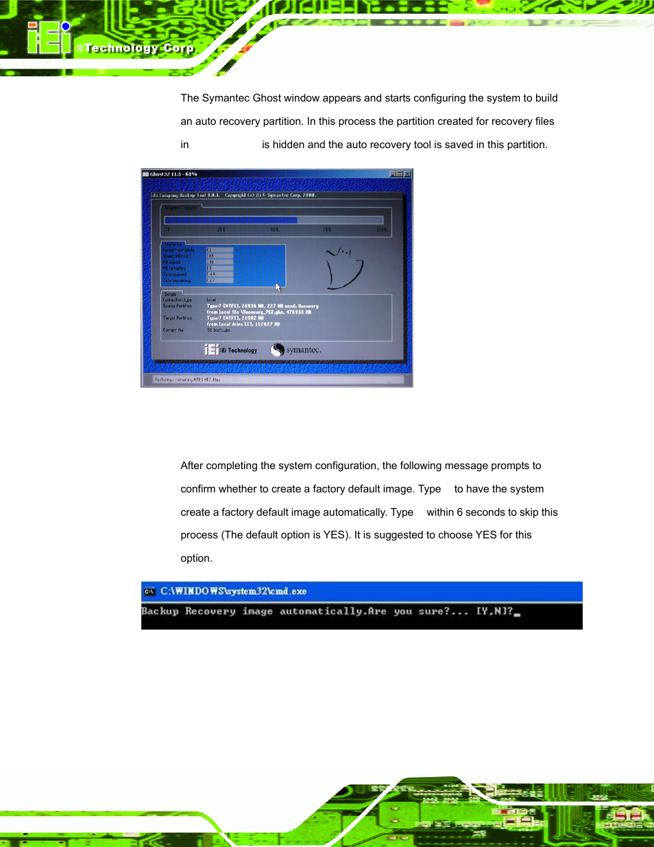 Figure b-25: building the auto recovery partition, Figure b-26: factory default image confirmation | IEI Integration PPC-5152-D525 v1.02 User Manual | Page 150 / 183
