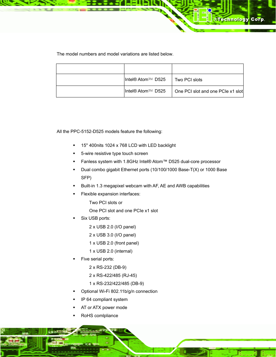 2 model variations, 3 features, Odel | Ariations, Eatures, Table 1-1: model variations | IEI Integration PPC-5152-D525 v1.02 User Manual | Page 17 / 183