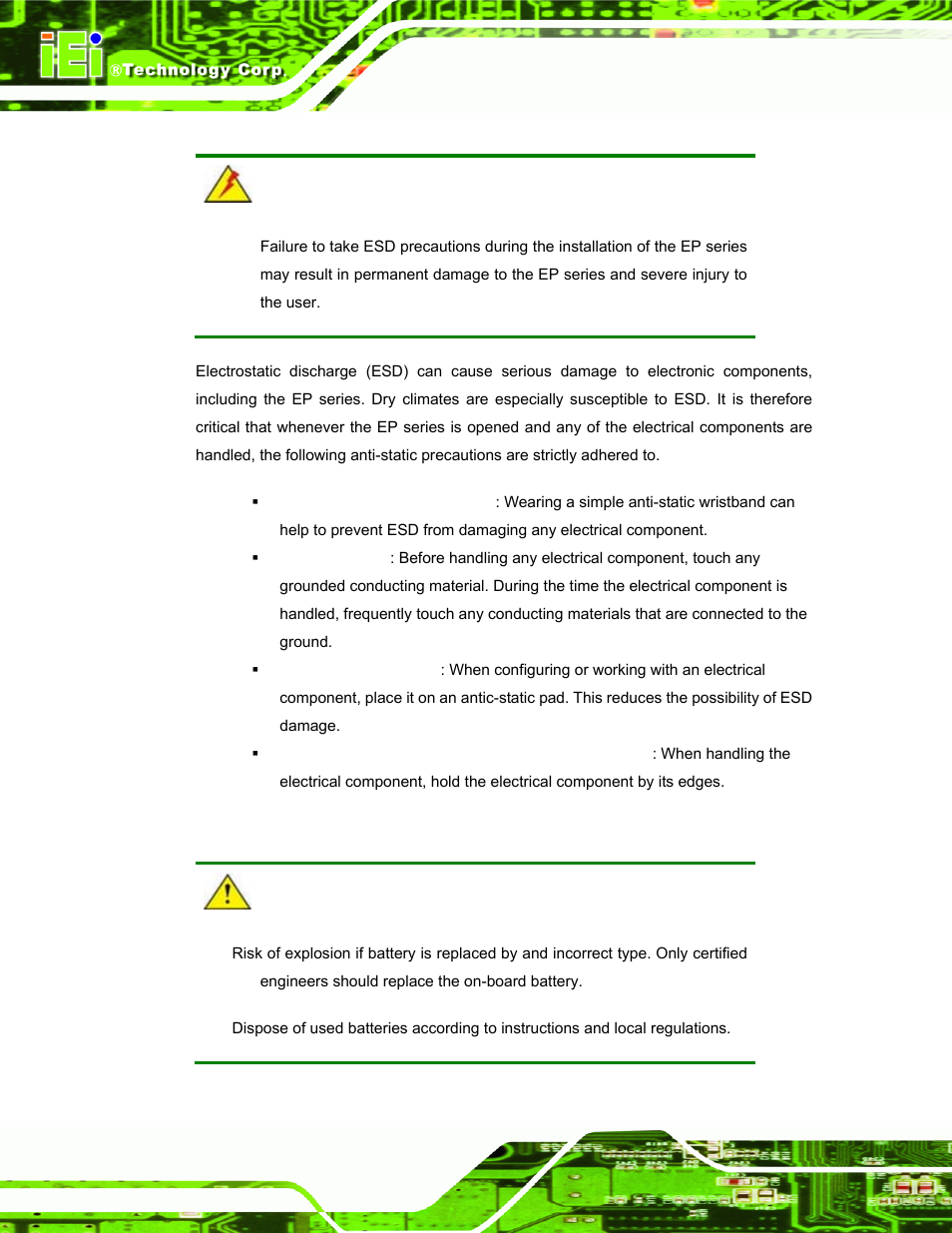 C.1.2 anti-static precautions, C.1.3 product disposal | IEI Integration PPC-5152-D525 v1.02 User Manual | Page 174 / 183
