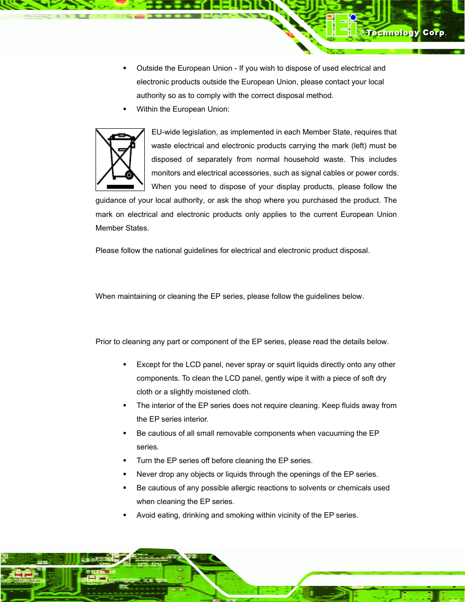 C.2 maintenance and cleaning precautions, C.2.1 maintenance and cleaning, Aintenance and | Leaning, Recautions | IEI Integration PPC-5152-D525 v1.02 User Manual | Page 175 / 183