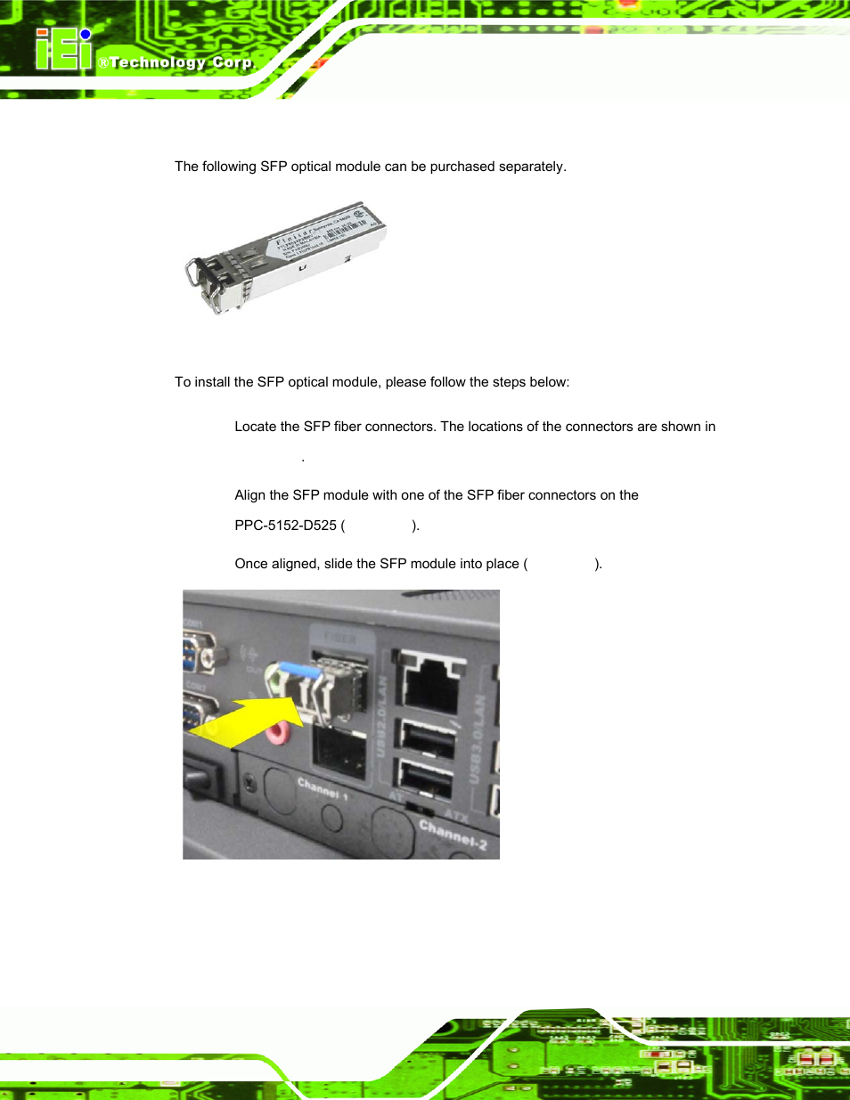 6 sfp optical module installation (optional), Ptical, Odule | Nstallation, Ptional, Figure 3-5: sfp optical module, Figure 3-6: sfp module installation | IEI Integration PPC-5152-D525 v1.02 User Manual | Page 38 / 183
