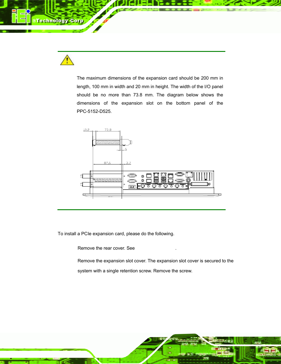 9 pcie expansion card installation (optional), Xpansion, Nstallation | Ptional | IEI Integration PPC-5152-D525 v1.02 User Manual | Page 44 / 183