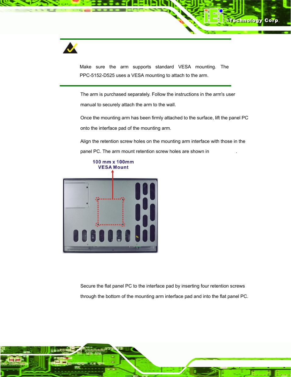 Figure 3-16: arm mounting retention screw holes | IEI Integration PPC-5152-D525 v1.02 User Manual | Page 47 / 183