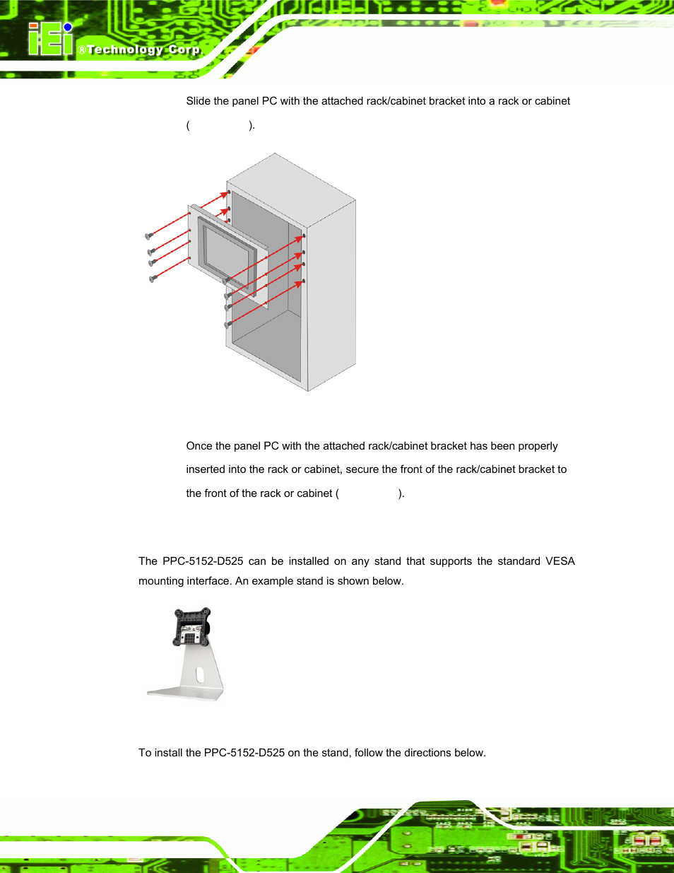 4 stand mounting, Figure 3-22: install into a rack/cabinet, Figure 3-23: vesa compliant stand | IEI Integration PPC-5152-D525 v1.02 User Manual | Page 52 / 183