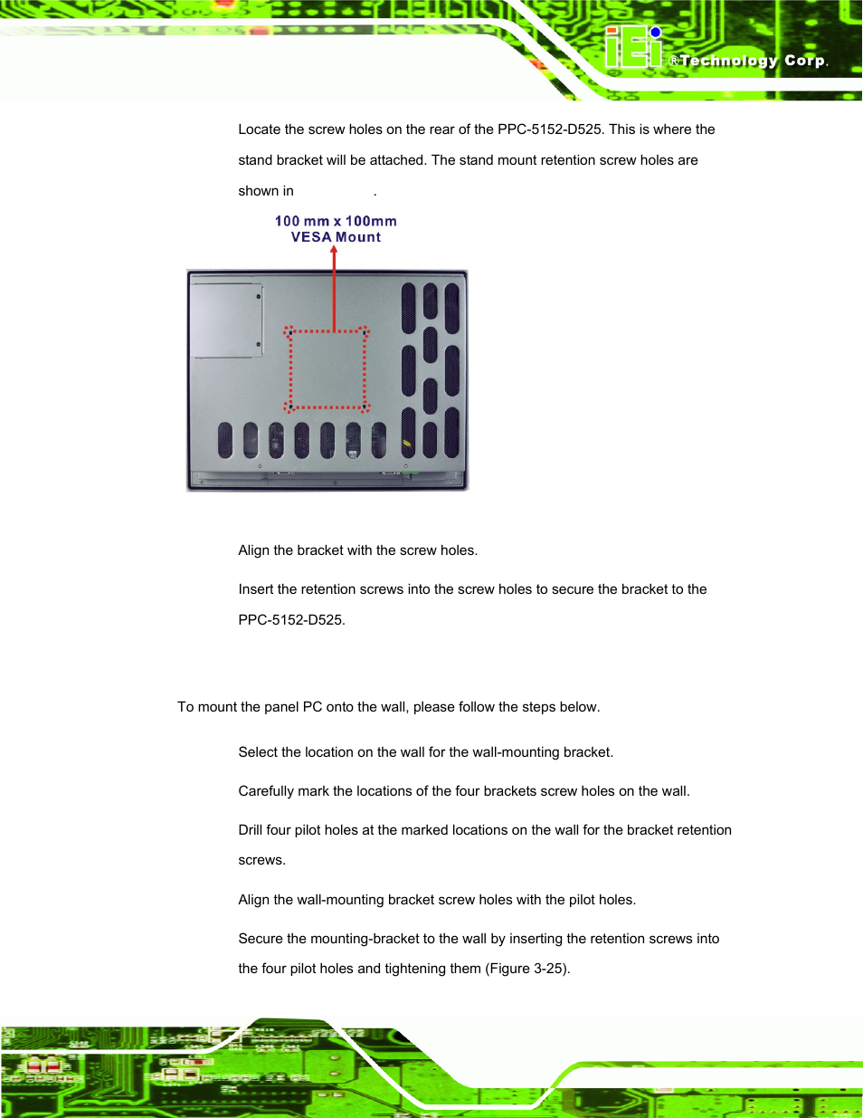 5 wall mounting, Figure 3-24: stand mounting retention screw holes | IEI Integration PPC-5152-D525 v1.02 User Manual | Page 53 / 183