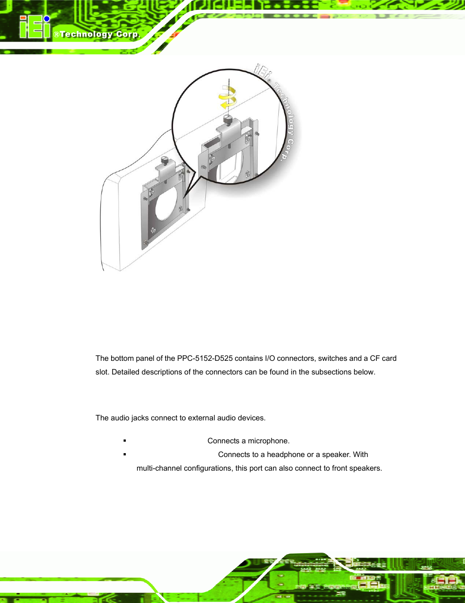 11 bottom panel connectors, 1 audio connectors, Ottom | Anel, Onnectors, Figure 3-27: secure the panel pc | IEI Integration PPC-5152-D525 v1.02 User Manual | Page 56 / 183
