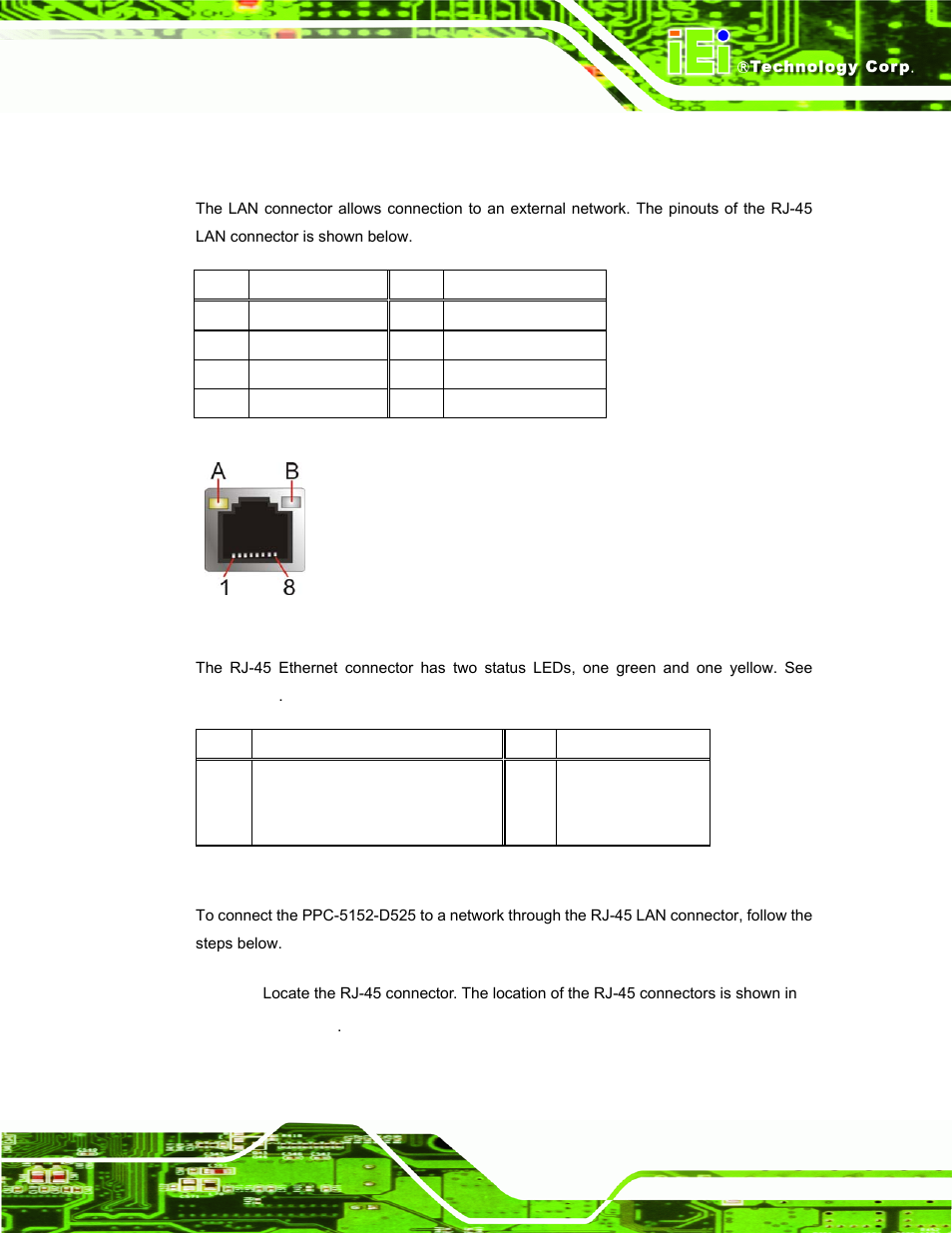 2 lan connector, Figure 3-28: rj-45 ethernet connector, Table 3-1: lan pinouts | Table 3-2: rj-45 ethernet connector leds | IEI Integration PPC-5152-D525 v1.02 User Manual | Page 57 / 183