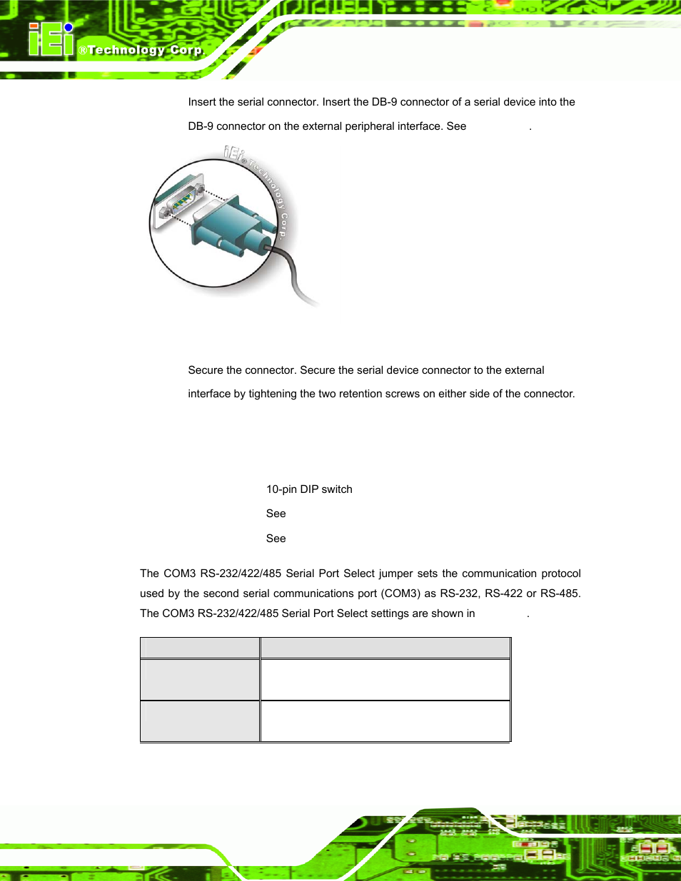 1 com3 mode select switch, Figure 3-34: serial device connector, Figure 3 | IEI Integration PPC-5152-D525 v1.02 User Manual | Page 62 / 183