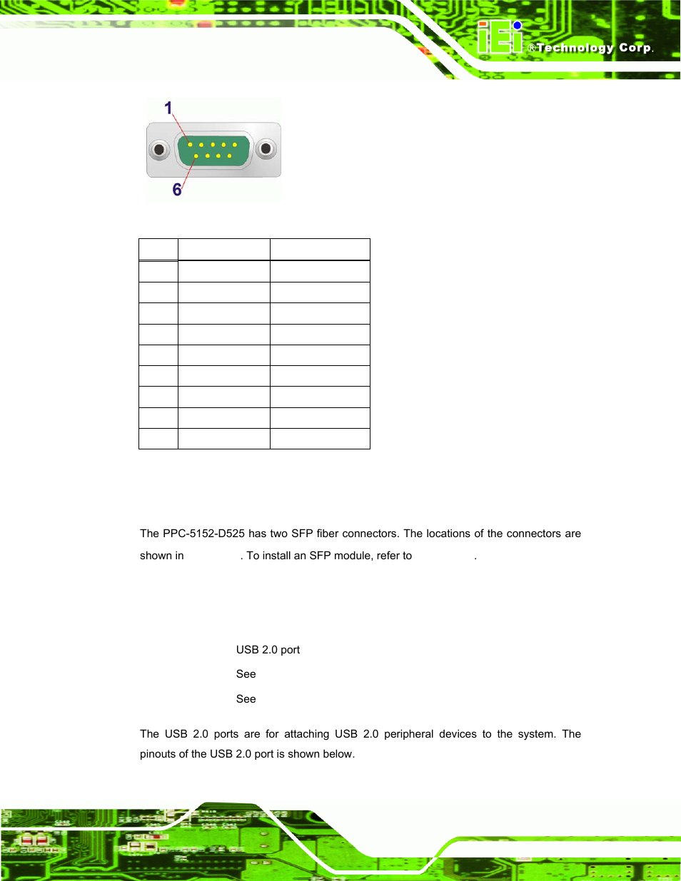 8 sfp fiber connectors, 9 usb 2.0 connectors, Figure 3-38: rs-422/485 serial port (db-9) | Table 3-7: rs-422/485 serial port pinouts, Figure 3-34, Figure 3-31: pow | IEI Integration PPC-5152-D525 v1.02 User Manual | Page 65 / 183