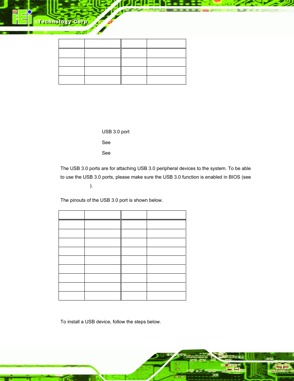 10 usb 3.0 connectors, Table 3-8: usb 2.0 port pinouts, Table 3-9: usb 3.0 port pinouts | IEI Integration PPC-5152-D525 v1.02 User Manual | Page 66 / 183