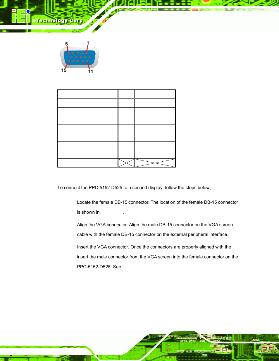 Figure 3-40: vga connector, Table 3-10: vga connector pinouts | IEI Integration PPC-5152-D525 v1.02 User Manual | Page 68 / 183