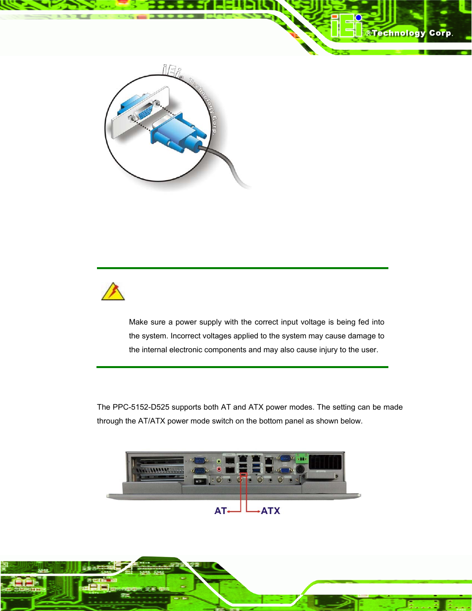 12 power-up the system, 1 at/atx power mode selection, Ower | Up the, Ystem, Figure 3-41: vga connector, Figure 3-42: at/atx power mode switch, Power-up the system | IEI Integration PPC-5152-D525 v1.02 User Manual | Page 69 / 183