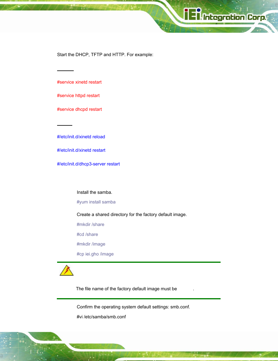 B.6.4 start the dhcp, tftp and http, B.6.5 create shared directory | IEI Integration PPC-5152-D525 v2.10 User Manual | Page 167 / 185