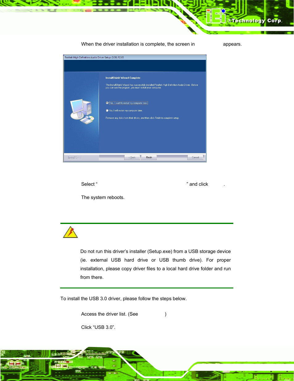 7 usb 3.0 driver installation, River, Nstallation | Figure 6-19: audio driver installation complete, Figure 3-41, Figure 3-41: lan connec | IEI Integration PPC-37xxA-N26 v1.00 User Manual | Page 119 / 203