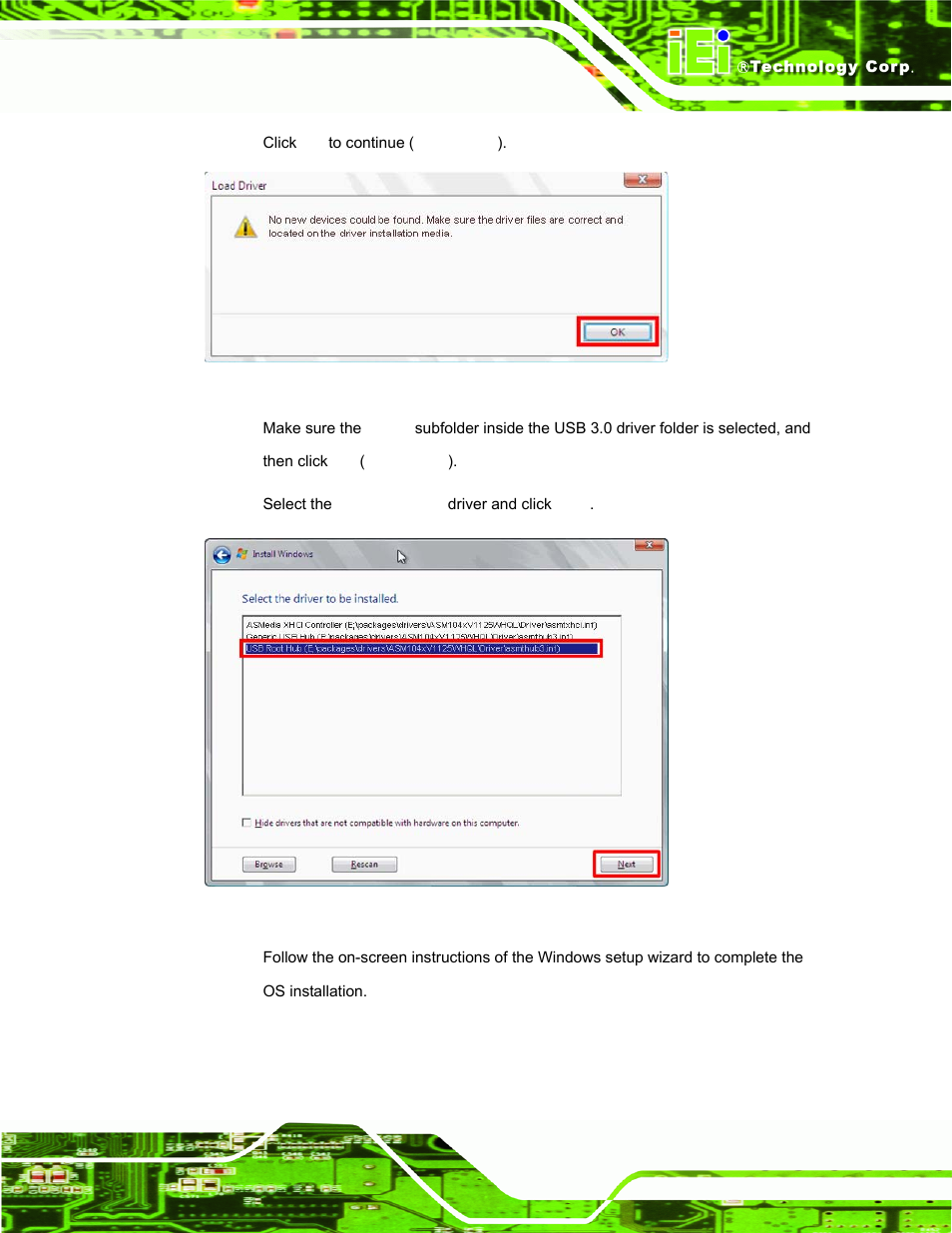 Figure 6-28: confirm the driver file, Figure 6-29: select the usb root hub driver | IEI Integration PPC-37xxA-N26 v1.00 User Manual | Page 125 / 203