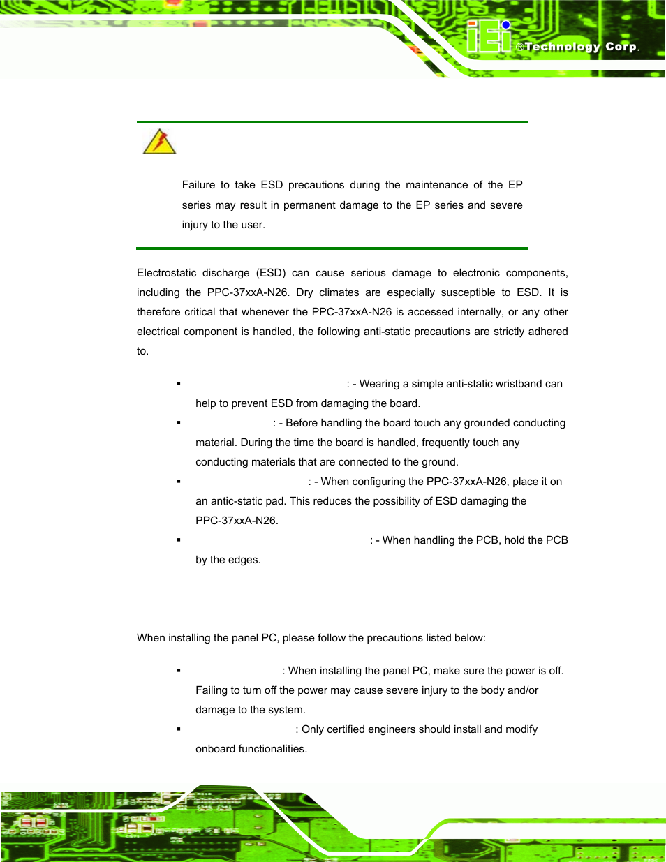 1 anti-static precautions, 2 installation precautions, Static | Recautions, Nstallation | IEI Integration PPC-37xxA-N26 v1.00 User Manual | Page 35 / 203