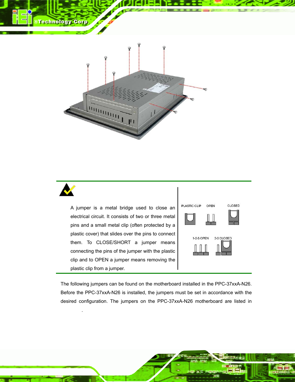 6 jumper settings, Umper, Ettings | IEI Integration PPC-37xxA-N26 v1.00 User Manual | Page 38 / 203