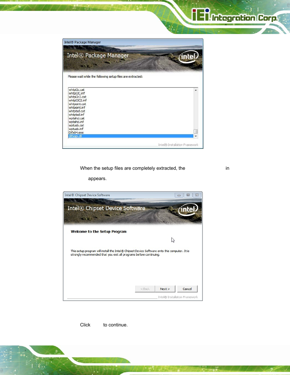 Figure 6-2: chipset driver screen, Figure 6-3: chipset driver welcome screen | IEI Integration PPC-37xxA-N26 v1.10 User Manual | Page 109 / 200
