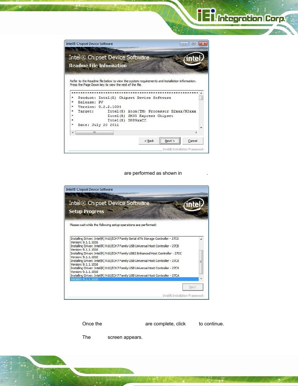 Figure 6-5: chipset driver read me file, Figure 6-6: chipset driver setup operations | IEI Integration PPC-37xxA-N26 v1.10 User Manual | Page 111 / 200